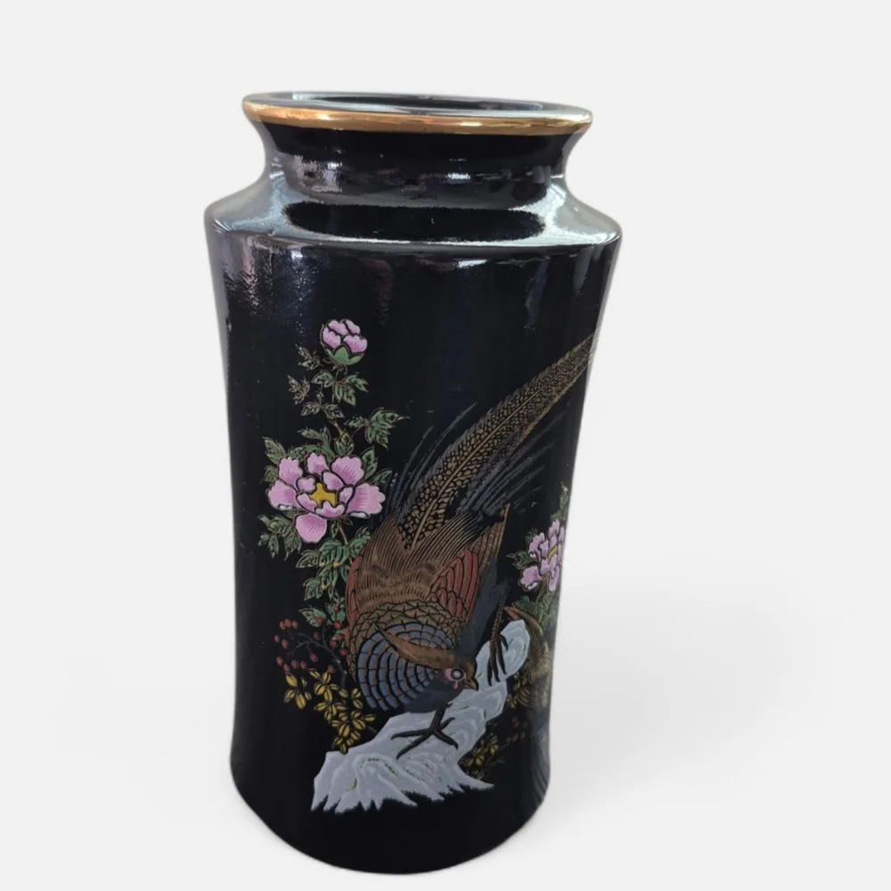Japanese Black Vase with Floral and Bird Design - Picture 1 of 7